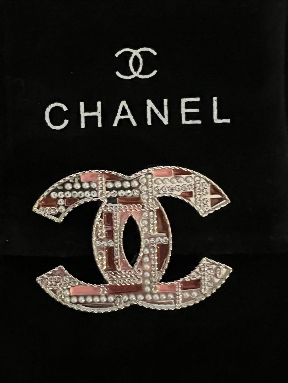CHANEL Pink and Silver Crystal CC Logo Brooch
